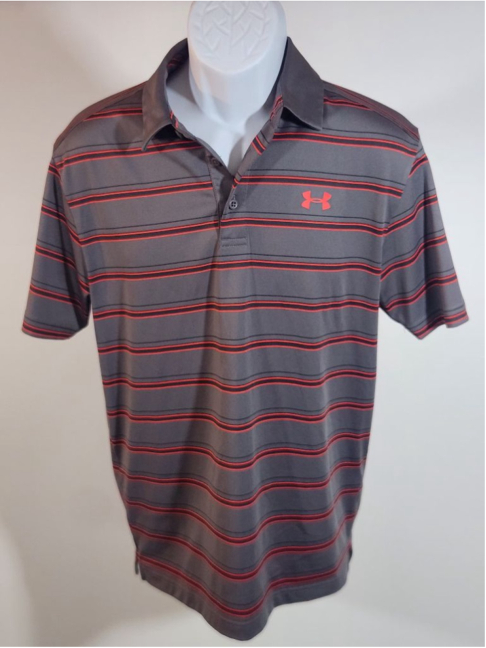 Men's Under Armour SS Polo Shirt Gray Orange Striped HeatGear Coldblack NWOT